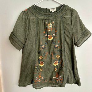 Umgee Floral Embroidered Boho Short-Sleeved Blouse, Grey, Size Small